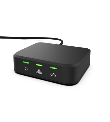 Black electronic device with green indicator LED lights on a white background